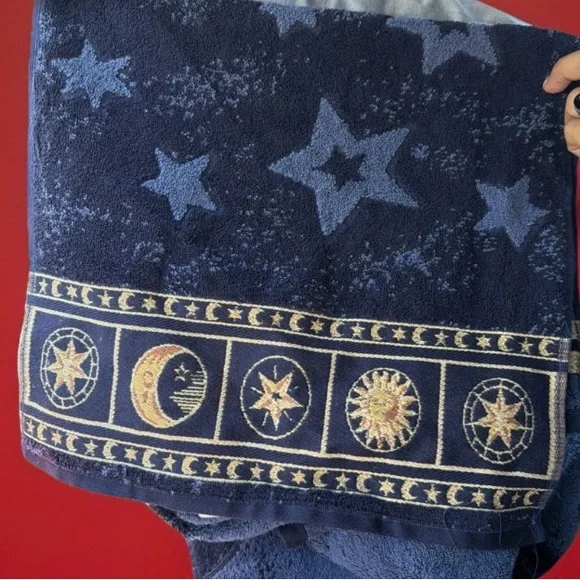Vintage 3piece home trends bath and hand towels  Navy Star Pattern sun moon Y2K - Picture 4 of 13